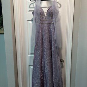 Floor Length Spaghetti Strap Lavender Glitter Rhinestone Prom Dress Sheer Modest